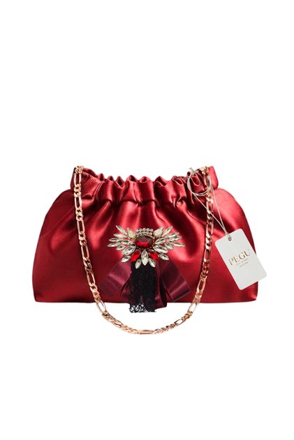 Red Satin Royale Series Handmade Custom Design Drawstring Bag with Chain Handle, for Evening Dresses, Weddings, Engagements, Celebrations, Events, Casual Use.. 64