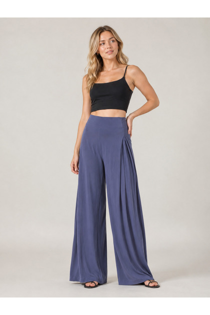 Women's Black High Waist Closed Slit Detailed Modal Fabric Palazzo Trousers