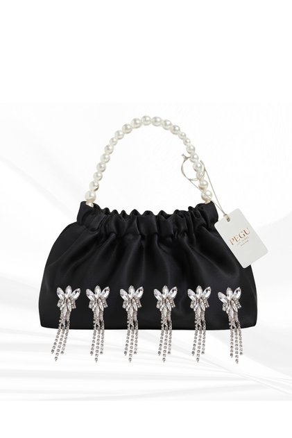 Black Satin Crystal Glass Stone Design, Handmade Pearl Handle Bag, for Evening Dresses, Daily Use, Events, Celebrations..96