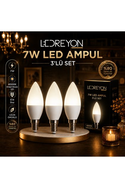 3 Adet 7W Buji Led Ampul E-14 Duy Buji Mum Ampul Doğal Beyaz Işık 4000K
