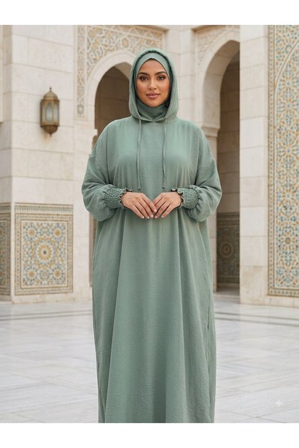 Free Size Women's Prayer Hijab with Integrated Headscarf and Veil - Fun Green (Mint Green)