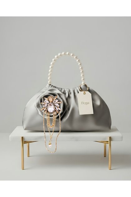 Royale Series Gray Satin Pearl Handle Pull-Strap Rose Patterned Handmade Luxury Bag, Wedding, Evening Dress, Engagement, Celebration, Daily Use.