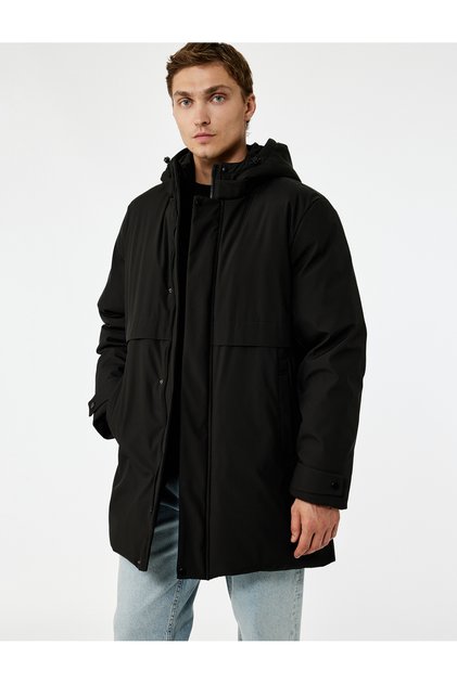 Long Sleeve Printed Pocketed Snap Button Detailed Zippered Hooded Parka