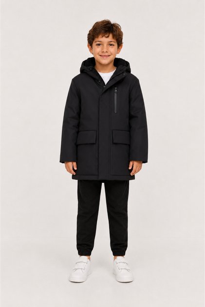 Boy's Black, Hooded, Fur-Lined, Long Parka, Water Repellent - Windproof, Winter Coat-Parka