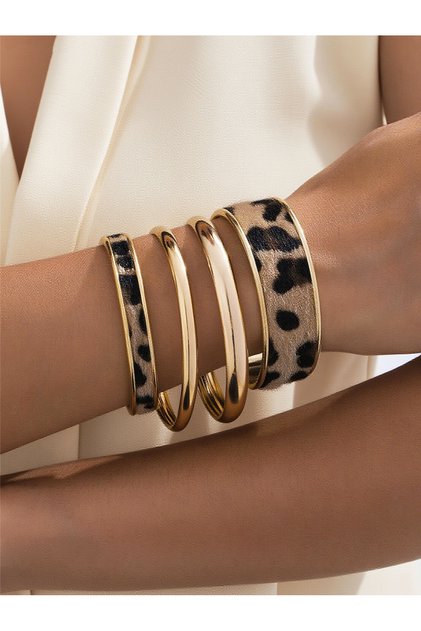 Pack of 4 - Gold Tone Leopard Print Bangle Bracelets