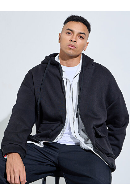 Black Baggy Pocket Hooded Zip-Up Sweat Jacket