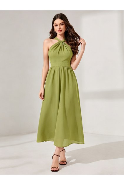 Green Halter Neck Sleeveless A-Line Midi Dress