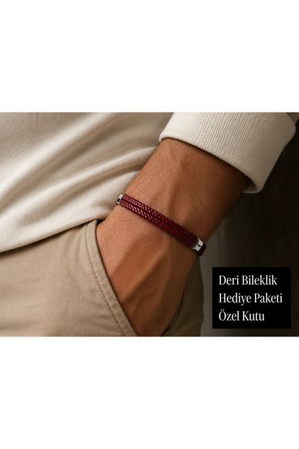 Bordeaux Anchor Double Braided Burgundy Leather Men's Bracelet with Silver Tone Detail