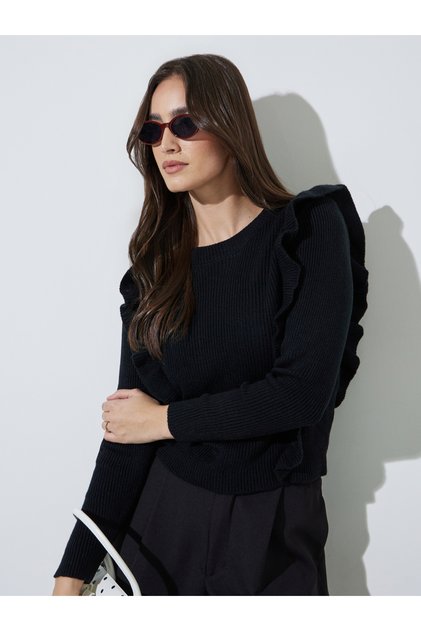 Black Solid Ruffled Sleeves Knit Jumper