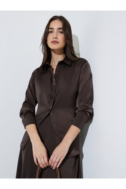 Brown Solid Long Lined Oversized Satin Shirt