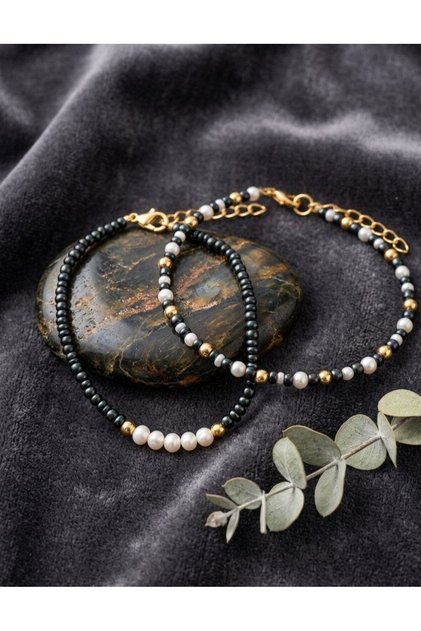 2-Piece Elegant Pearl Beaded Detailed Women's Bracelet Set