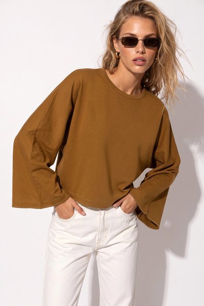 Women's Wide Sleeve T-Shirt Crew Neck Long Sleeve Cotton Relaxed Fit