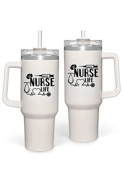 40oz Stainless Steel Insulated Nurse Mug with Handle and Lid and Straw Lids, Travel Mug for Water, Iced Tea, Coffee, Gift