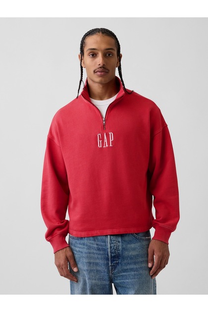 Erkek Kırmızı Heavyweight Oversized Logo Yarım Fermuarlı Sweatshirt