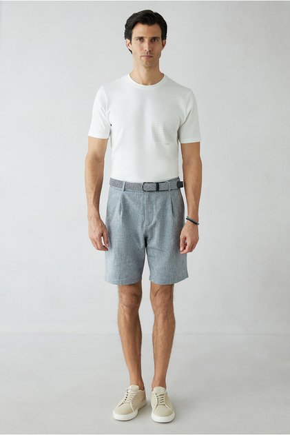 Straight Wide Leg Pleated Side Pocket Lyocell Linen Blend Bermuda Shorts