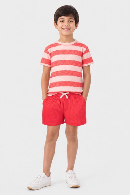 Kids Boy 3 Pcs Stripe T-Shirt and Shorts with Iron on Patches, Red