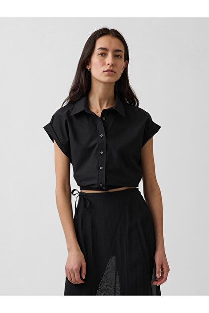 Kadın Siyah Poplin Cap-Sleeve Crop Bluz