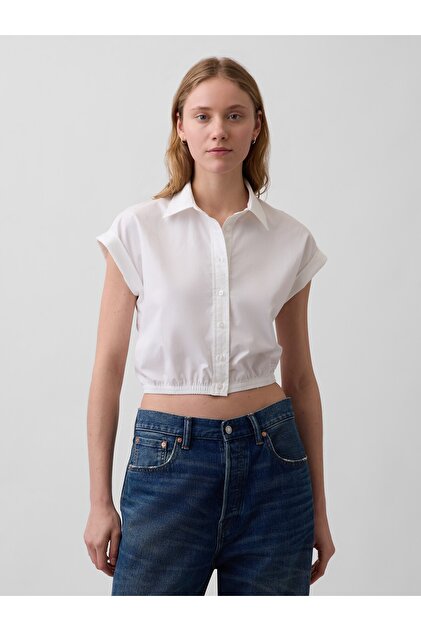 Kadın Beyaz Poplin Cap-Sleeve Crop Bluz