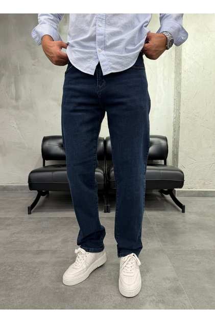 Likralı Düz Paça Koyu Lacivert Regular Fit Jean