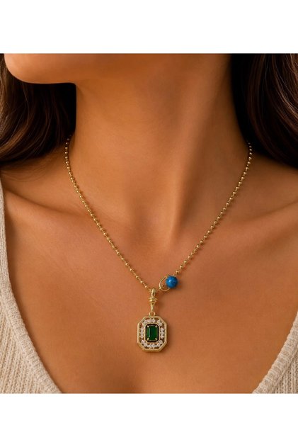 Steel Gold Color Emerald Green Stone Baguette Framed and Blue Bead Detailed Necklace