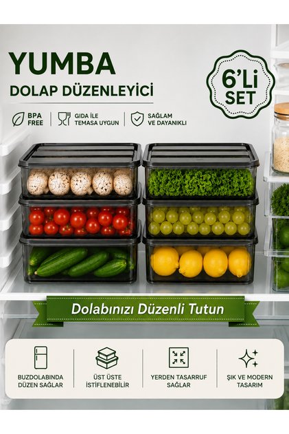 3.5L Yumba 6'lı Antrasit Buzdolabı Organizeri Kapaklı Sebze Meyve Saklama Kabı 3.5x6 Dolap Düzenleyici Set