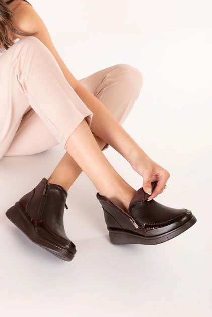 Women's Genuine Leather Double Zipper Casual Boots Nhr.024 Brown