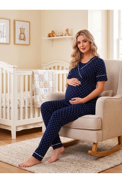 New Season Navy Blue Polka Dot Double Breasted Breastfeeding Compatible Design Short Sleeve Maternity Pajama Set