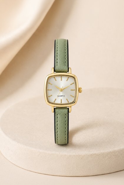 Michy Minimal Women's Wristwatch Gold Square Case Mint Green Leather Band Silver Dial Vintage Design Women's Watch