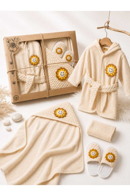 Baby Bathrobe Set 5 Piece Boxed Gift Hooded Bathrobe (Bathrobe+Towel+Slippers+Pouch) Birth Gift - Suitable for 0-2 Years Old - Unisex