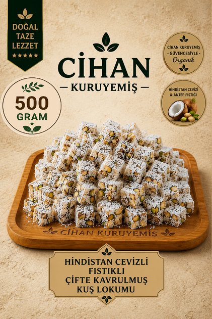 500gr. Hindistan Cevizli Fıstıklı Çifte Kavrulmuş Lokum