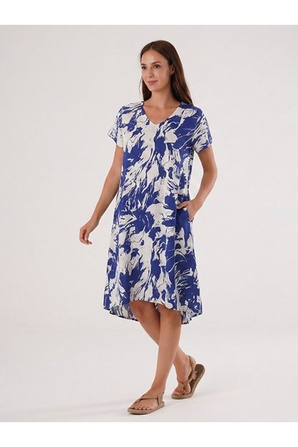 Women's Woven Viscose V-Neck Dress Blue White Patterned