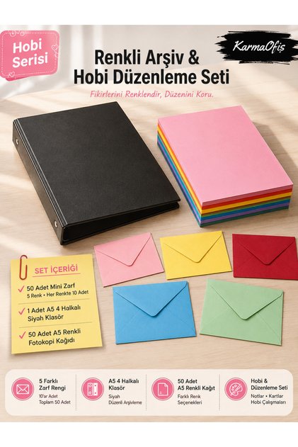 Black A5 4-Ring Binder Hobby Set – 50 Mini Colored Envelopes and 50 A5 Colored Papers – 8 Color Options