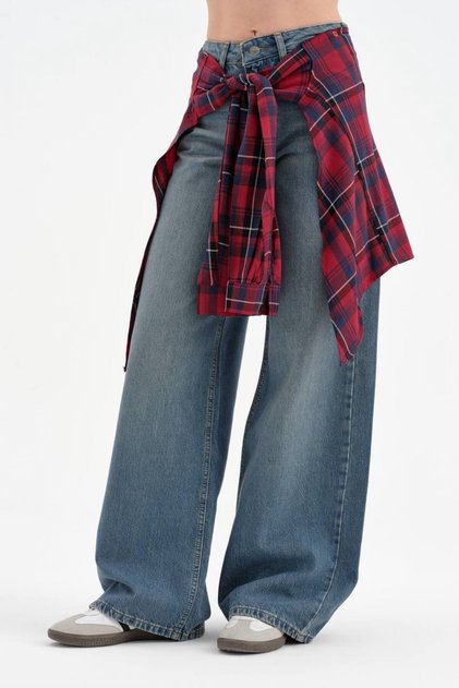 Kadın Beli Ekose Gömlek Kumaş İstenildiğinde Çıkarılabilir Tasarım Jeans