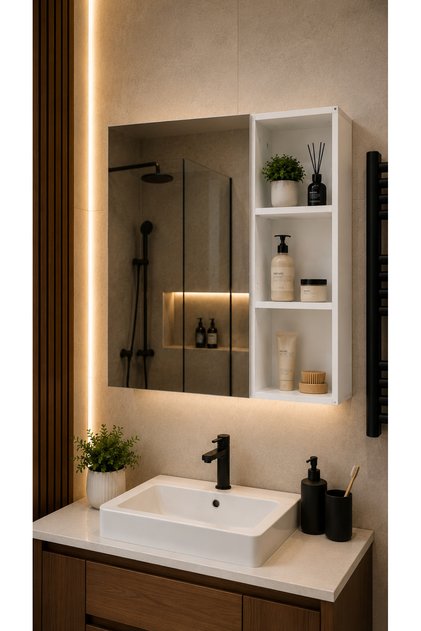 Pika Ayna Kapaklı Banyo Dolabı 3 Raflı Duvara Monte Beyaz