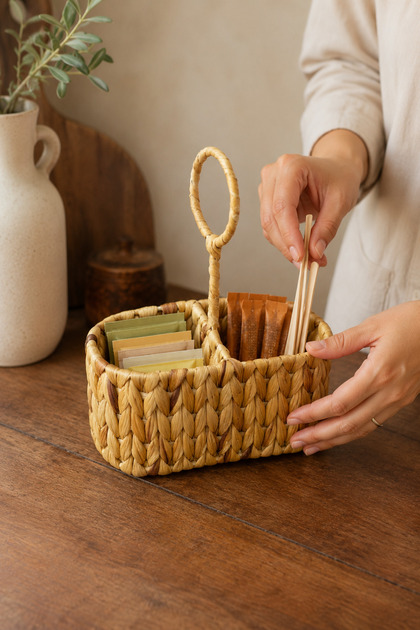 Sirma Natural Wicker 2-Compartment Basket with Handle – Spoon Holder, Napkin Holder and Desktop Organizer 22X11X10 cm