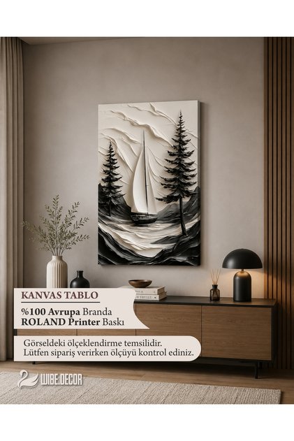 Siyah Beyaz Yelkenli Kanvas Tablo – Çam Ağaçlı Deniz Manzarası Modern Çerçevesiz Dekoratif Duvar Tablosu