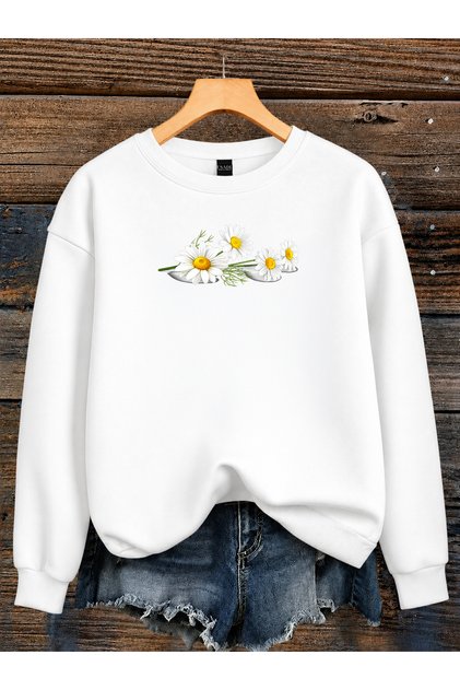 Women's Daisy Graphic Printed Comfortable Fit Crew Neck White Sweatshirt