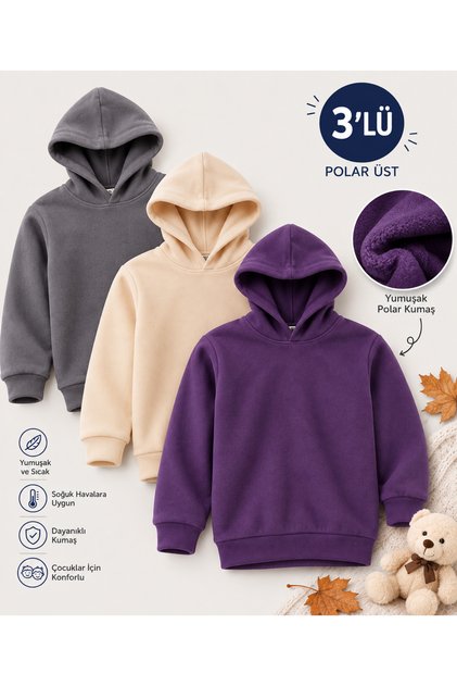 Çocuk 3'lü Kapüşonlu Polar Sweatshirt
