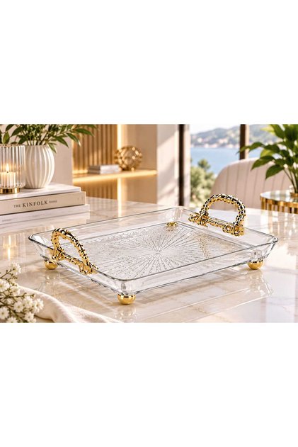Square Glass Presentation Tray with Gold Feet and Handles - Stylish Serving Tray