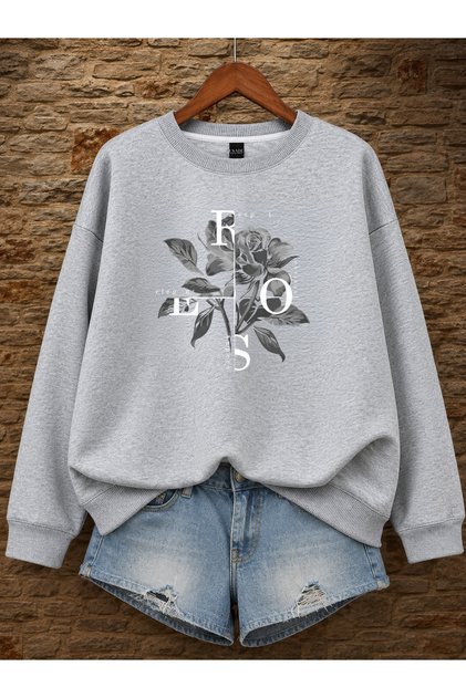 Women's Special Design Rose and Text Printed Graphic Comfortable Fit Crew Neck Gray Sweatshirt
