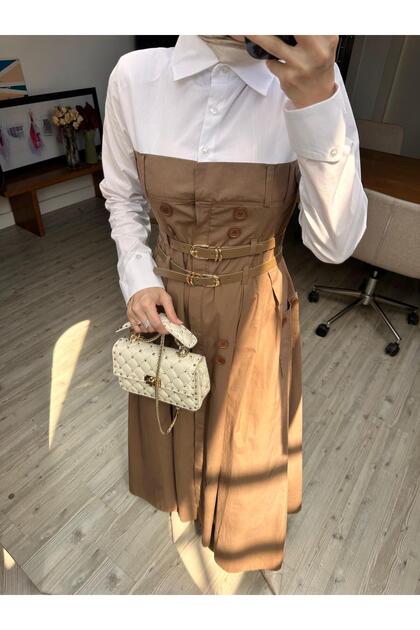 Women's Mocha Color White Shirt Detailed Belted Buttoned Long Dress