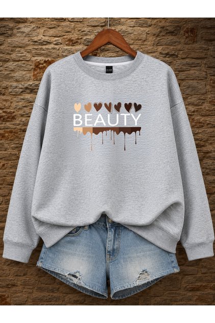 Women's Beatuy Written Heart Printed Comfortable Fit Crew Neck Gray Sweatshirt