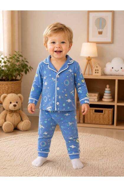 100% Cotton Long Sleeve Buttoned Space Patterned Soft Textured Bottom Top Girls Boys Unisex Baby Pajama Set