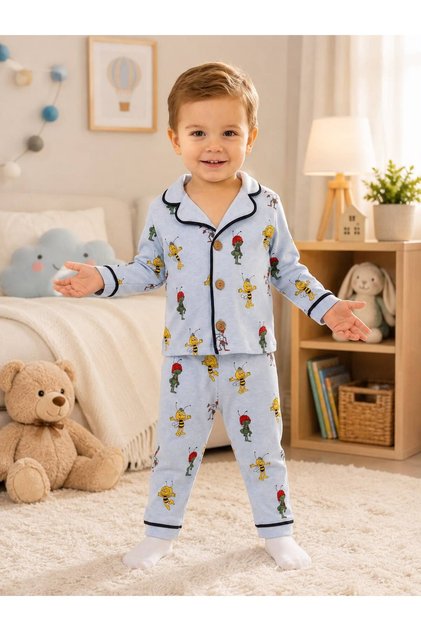 100% Cotton Long Sleeve Buttoned Ant Patterned Soft Textured Bottom and Top Unisex Baby Pajama Set for Girls and Boys