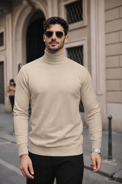 Men's Winter Basic Slim Fit Long Cream Sweater