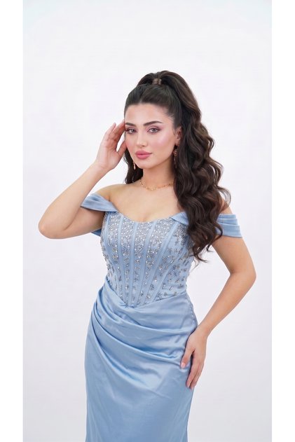 DÜŞÜK KOL STRAPLEZ KORSE GÖRÜNÜMLÜ TAŞLI ABİYE