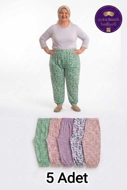 5'li Paket %100 Pamuklu Büyük Beden Anne Pijama Altı - Paçası Lastikli Karma Çiçek Desenli Rahat Kesim Kadın Pijama + Uyku Bandı Hediyeli