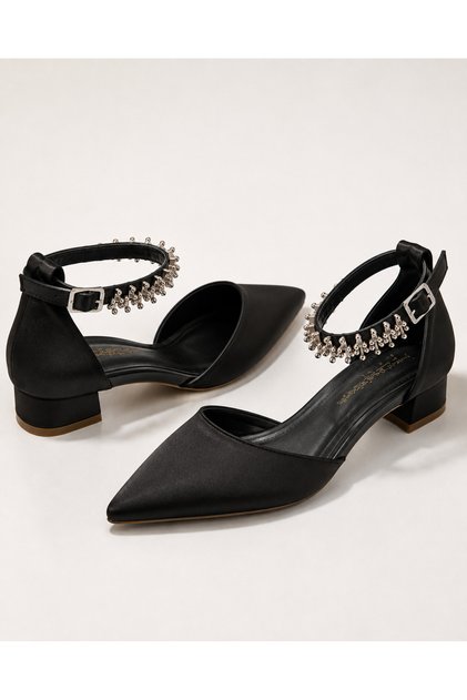 Women's Ankle-Strapped Short Heeled Satin Fabric Stylish Evening Dress Shoes
