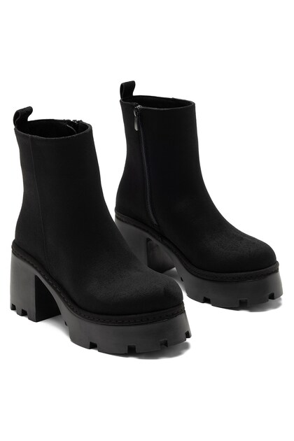 Women's Non-Slip Ready-Sole Zipper Detailed Black Suede Thick Heeled Boots