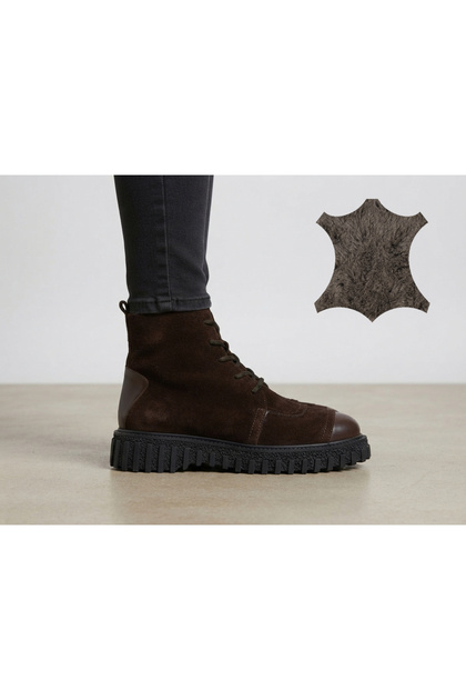 Genuine Leather Suede Lace-Up Zippered Fur Lined Boots Women's Shoes